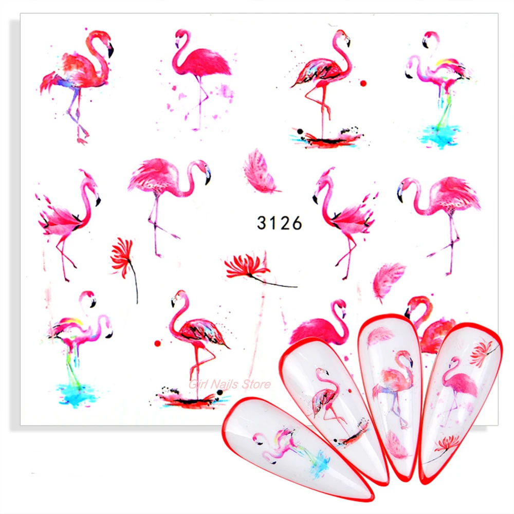 Nail Sticker Flower Leaf Water Decal Transfer Nail Flamingo Stickers Sliders Summer Tattoo Nail Art Decoration