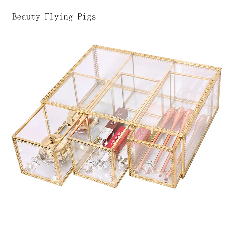 

Nordic Square Glass jewelry box Drawer Lipstick Makeup Brush Glass Boxes Multifunction Desktop Organizer Home Jewelry Storage