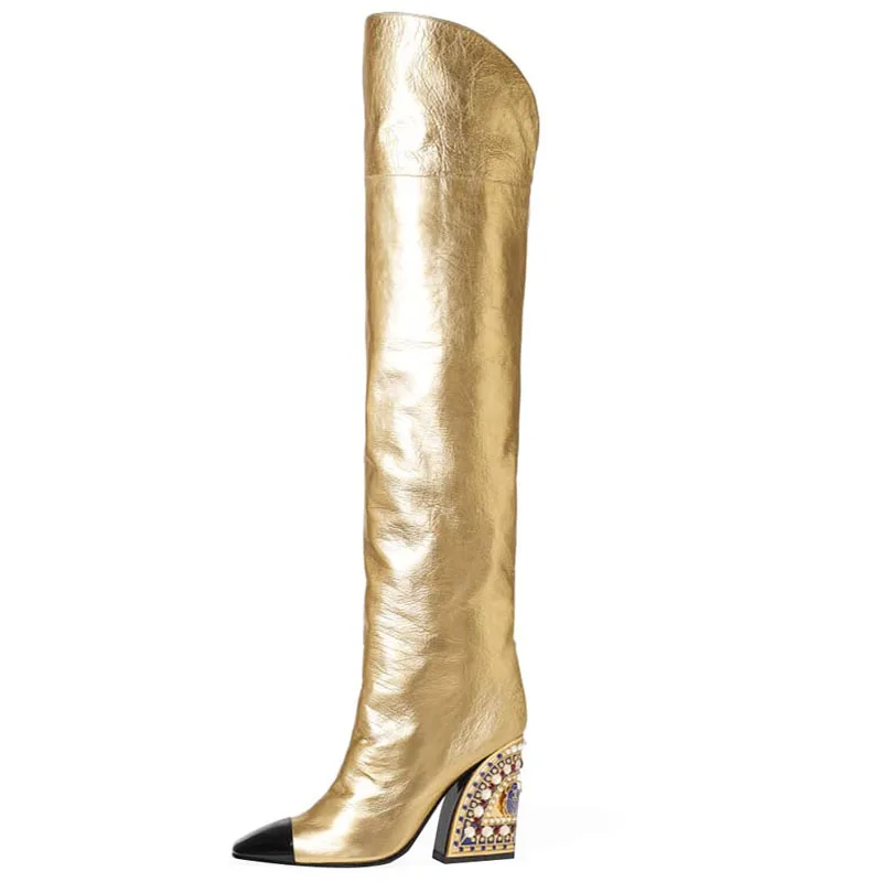 

Autumn and winter new golden mirror PU high tube boots breathable inner lining diamond thick high thin heel fashion