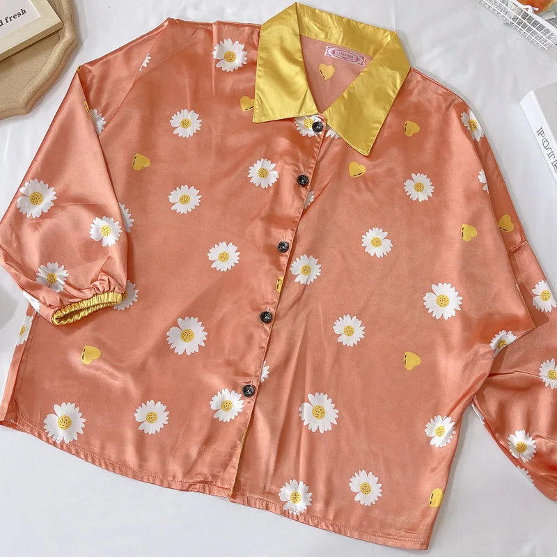 

New Home Cloth for Girl Print Long Pyjamas Turn-down Collar Women Sleepwear Lingerie Femme Silk Pajamas Set Pijamas Women Sexy