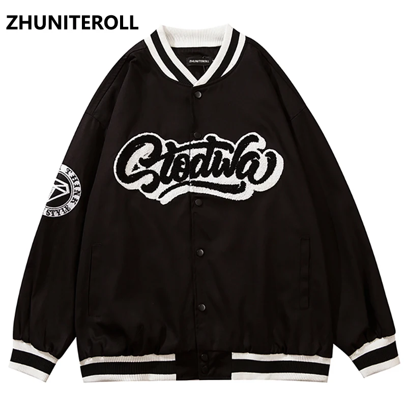 

Embroidery Letter Fashion Harajuku Jacket Men Bomber Casual Button Baseball Coats College Style Streetwear Tops Trendy Clothing