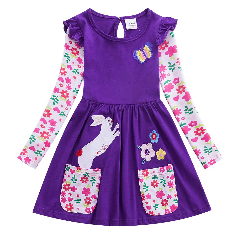 81036-Purple-2 JUXINSU/Хлопковое платье с длинными рукавами и рисунком единорога в радужную полоску с цветочным рисунком для девочек - Цвет: 81036-Purple-2