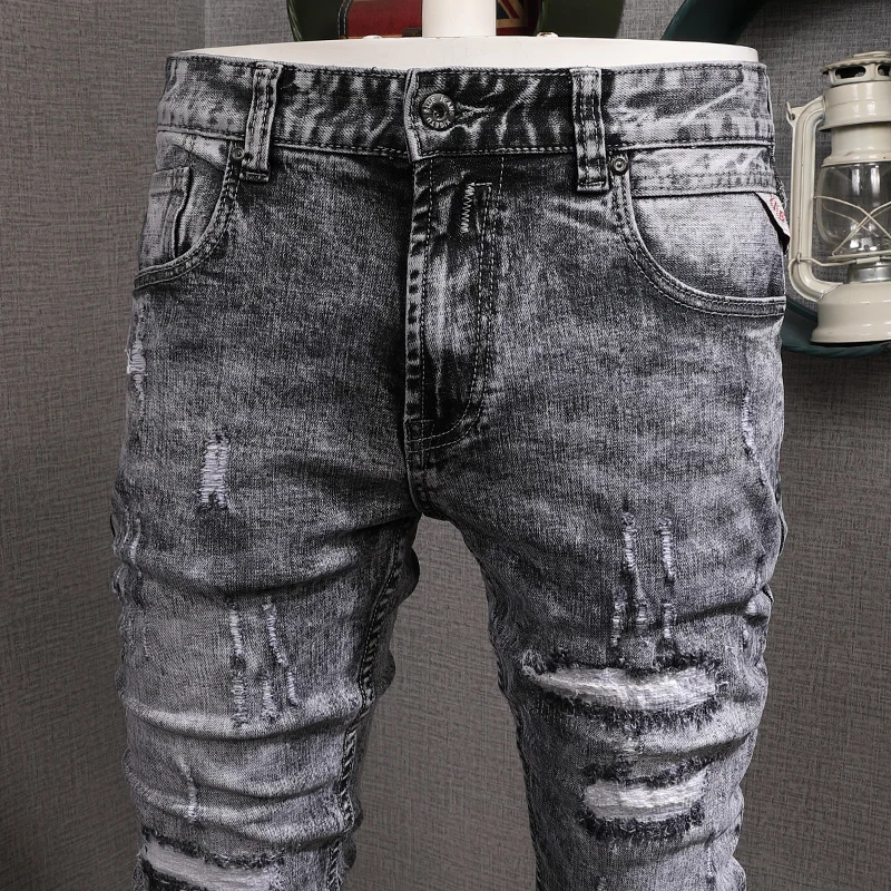 Vintage Gray Ripped Low Waist Jeans Men Streetwear Cotton Slim Fit Straight Stretch Denim Pants