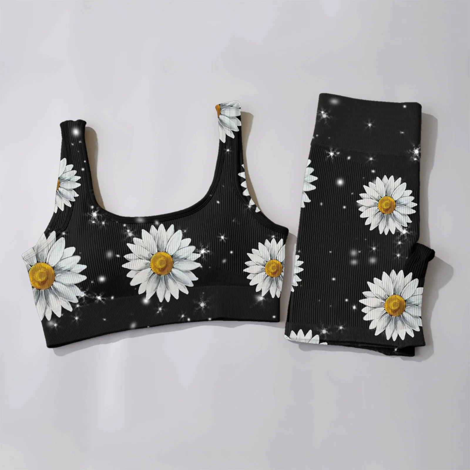 

Women Matching Sets Seamless Ribbed Floral Print Workout Sport Wear 2 Piece Outfits Fitness Tank Top And High Waist Shorts Set