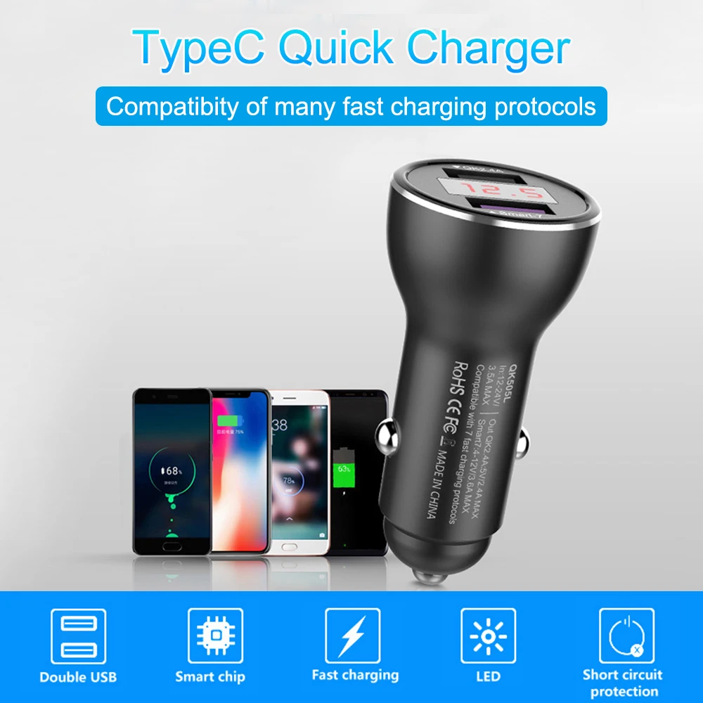 Цифровой дисплей SuperCharge автомобильное зарядное устройство Dual USB FCP QC3.0 быстрое