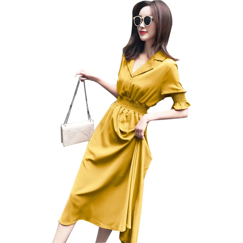 

New women's loose casual medium and long sleeve V-neck dress waistband splicing elegant waist closing dress SS777