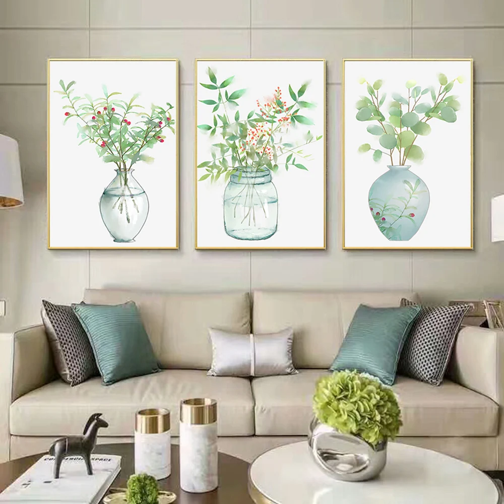 Мода ваза зеленые листья стены Искусство Холст плакат печать в скандинавском