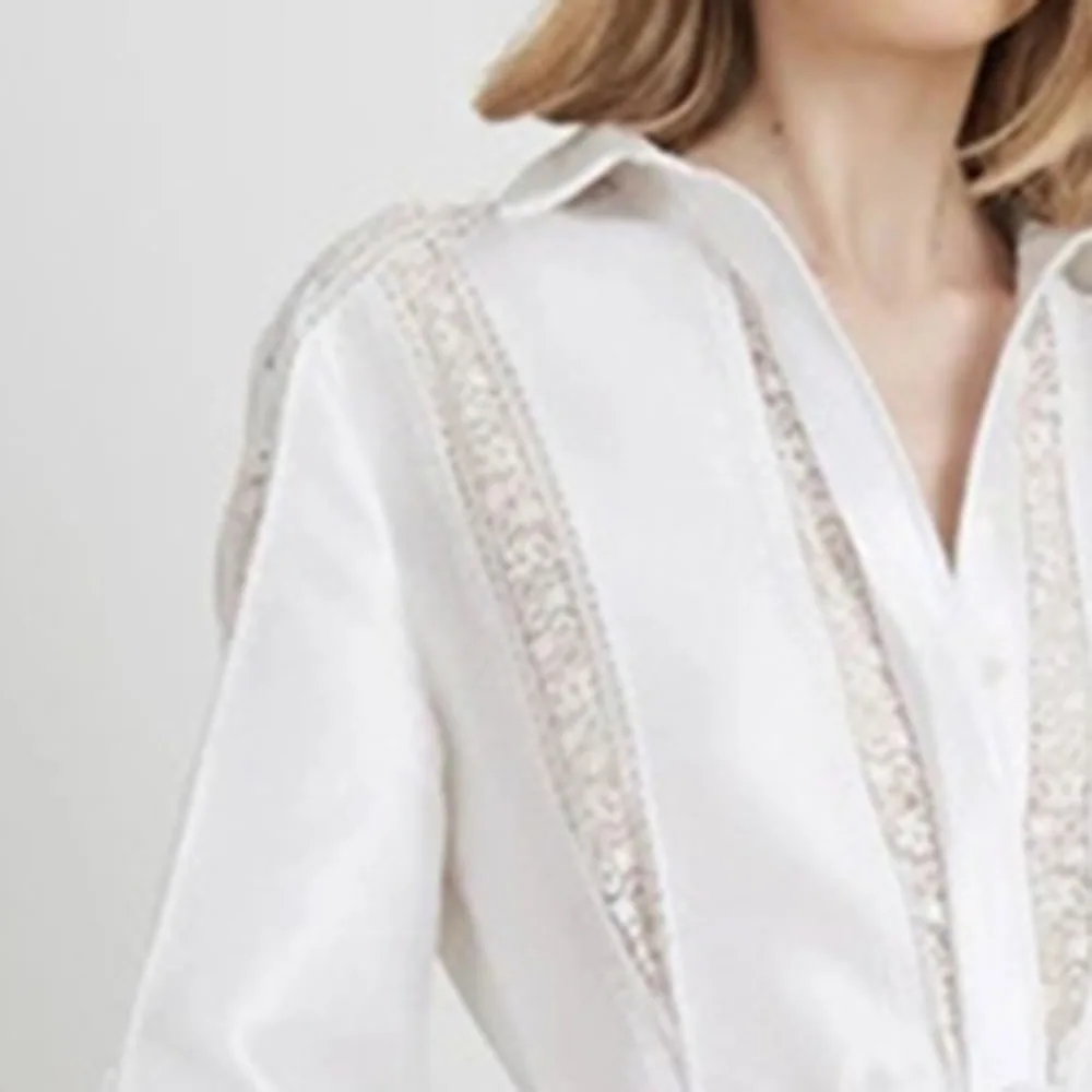 Женское длинное кружевное платье элегантное белое офисное платье-рубашка в