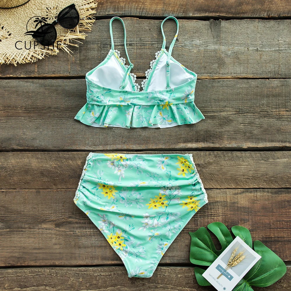CUPSHE мятно-зеленый цветочный пикантный комплект бикини с высокой талией