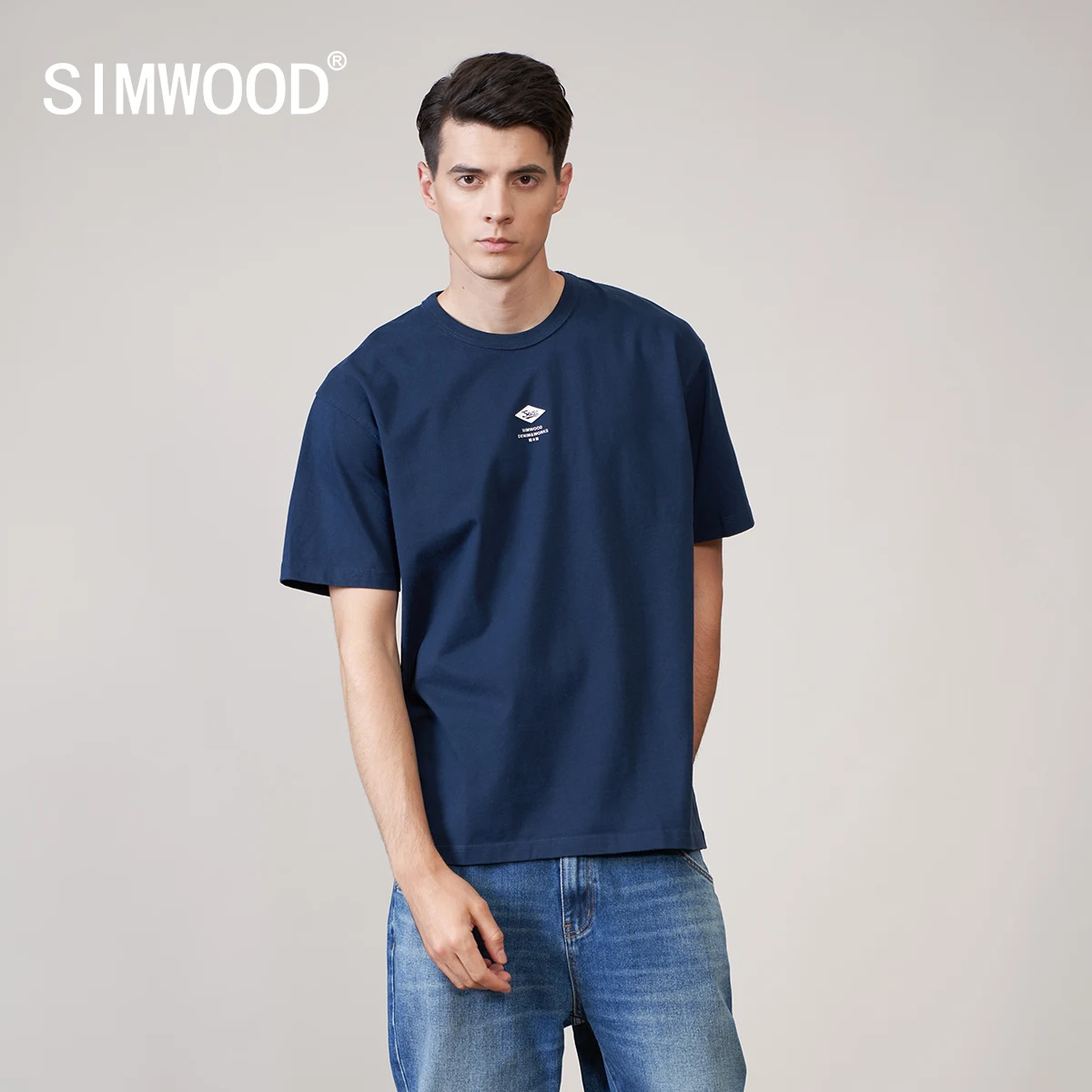 SIMWOOD 2022 Spring Summer New Oversize Heavyweight 100% Cotton T-shirts Men Letter Print Tops Durable Three Stitches Tees
