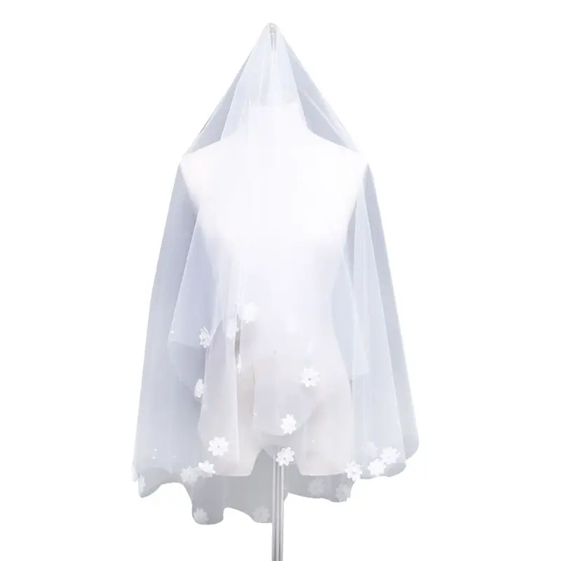 

1.5M One Layer Women Short Wedding Veil Embroidered Flower Applique Faux Pearl Embellishment Sweet Beaded Cut Trim Bridal Veil