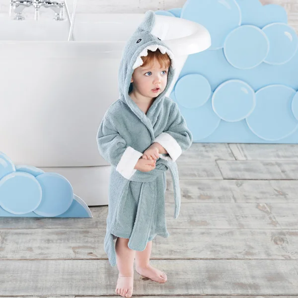 Sky blue shark Детский банный халат синего цвета с изображением акулы, кролика, бегемота, пляжное полотенце с капюшоном для малышей, пончо для детей 2-3 лет, размер M - Цвет: Sky blue shark