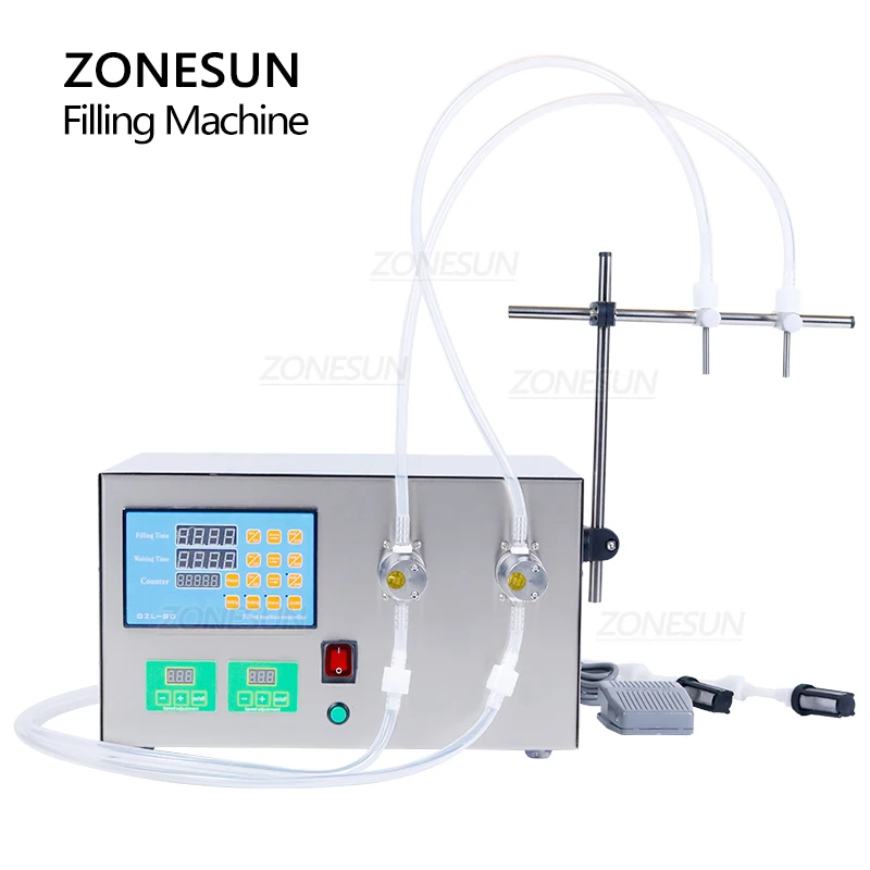 

ZONESUN Semi automatic Liquid Filing Machine 2 Head Magnetic Pump Beverage Perfume Water Juice Essential Oil Filler 1-5500ml