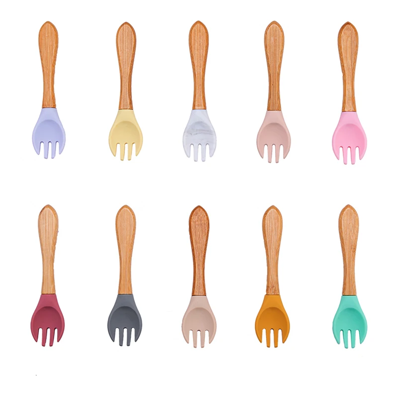 1PCS Baby Fork Silicone Wooden Baby Feeding Spoon Toddlers Infant Feeding Accessories Organic BPA Free Food Grade Materia