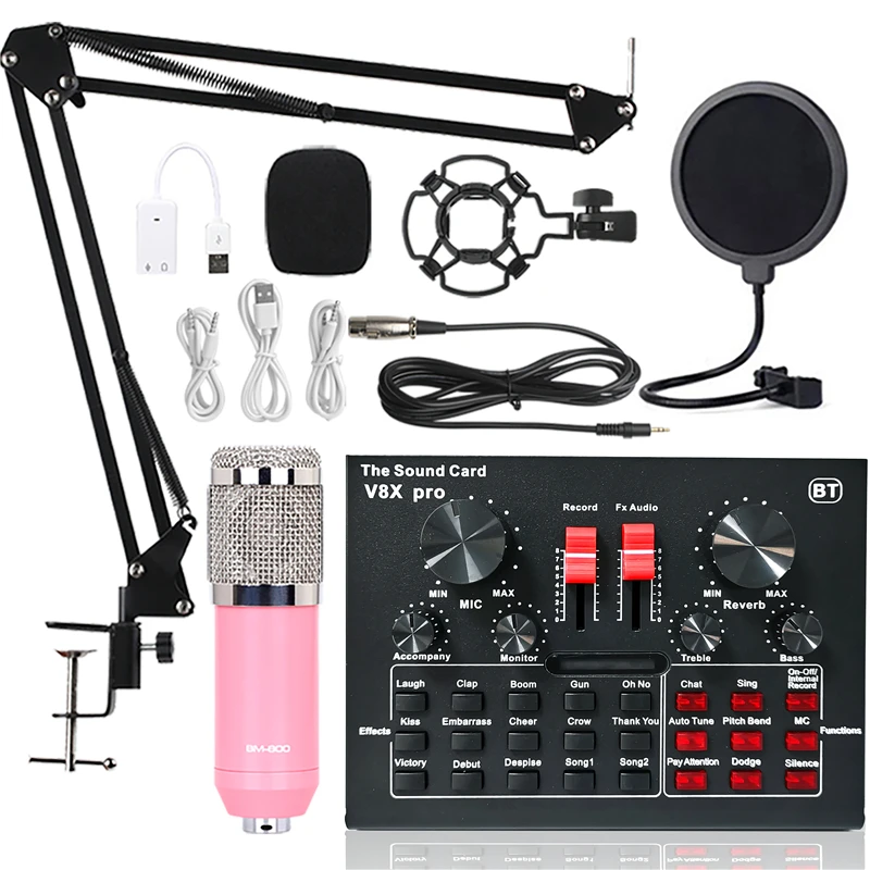 bm 800 professional studio condenser microphone wireless karaoke microphone v8xpro sound card pc computer phone mic with youtube free global shipping