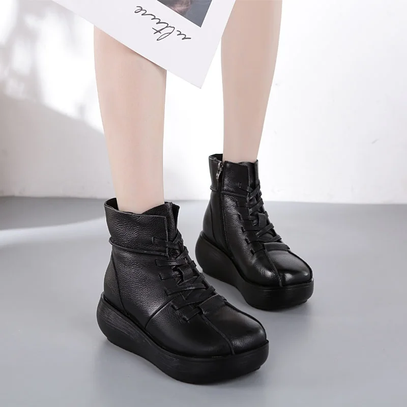 

DRKANOL Women Snow Boots Winter Plush Warm Ankle Boots For Women Vintage Genuine Leather Round Toe Wedges Platform Boots Female