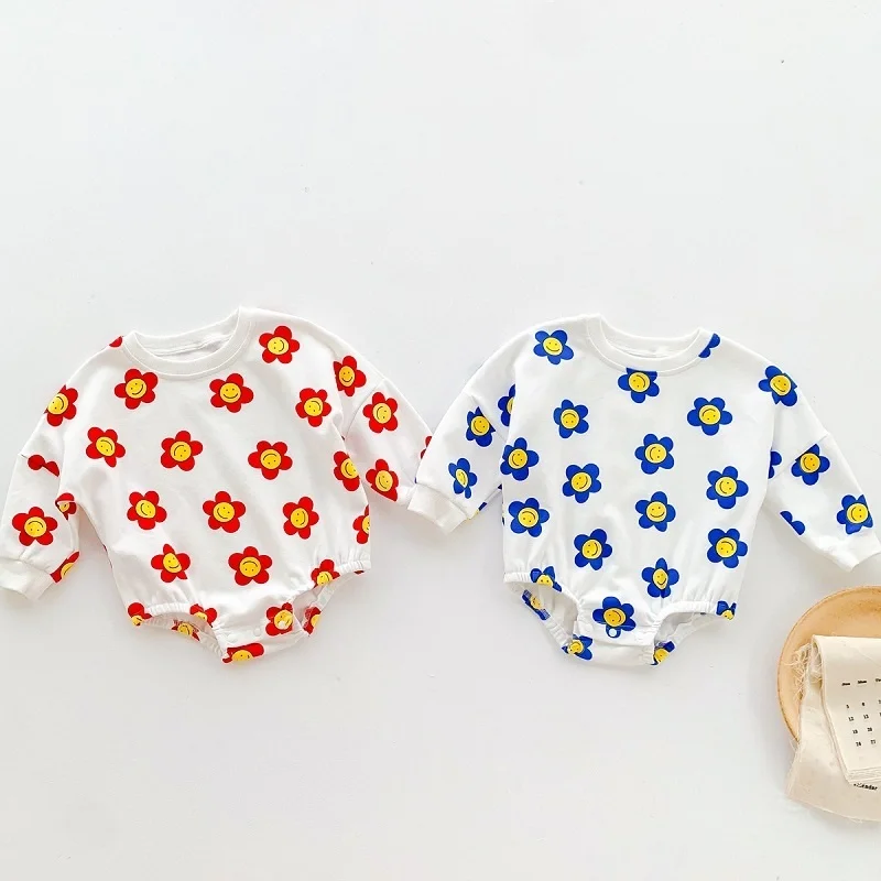 

Весенне-осенний корейский стиль свитер с улыбающимся цветочным принтом с длинными рукавами комбинезон Удобная хлопковая Милая одежда