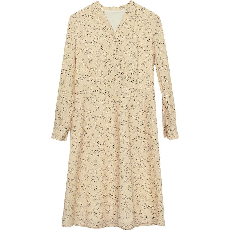 

CYNTHIA Women Cotton Dresses Female Vintage Floral-printed Long-sleeve V-neck Waisted Dress Autumn Spring 20QDC-104