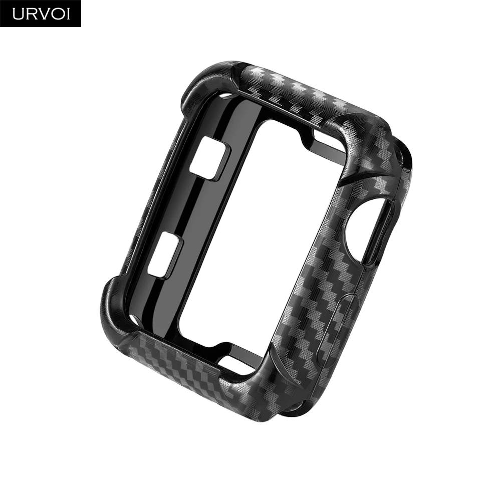 Black Чехол URVOI для Apple Watch series 5 4 3 2 ТПУ чехол печатание углеродного волокна бампер CFRP прочный протектор для iWatch 38 42 40 44 мм - Цвет: Black