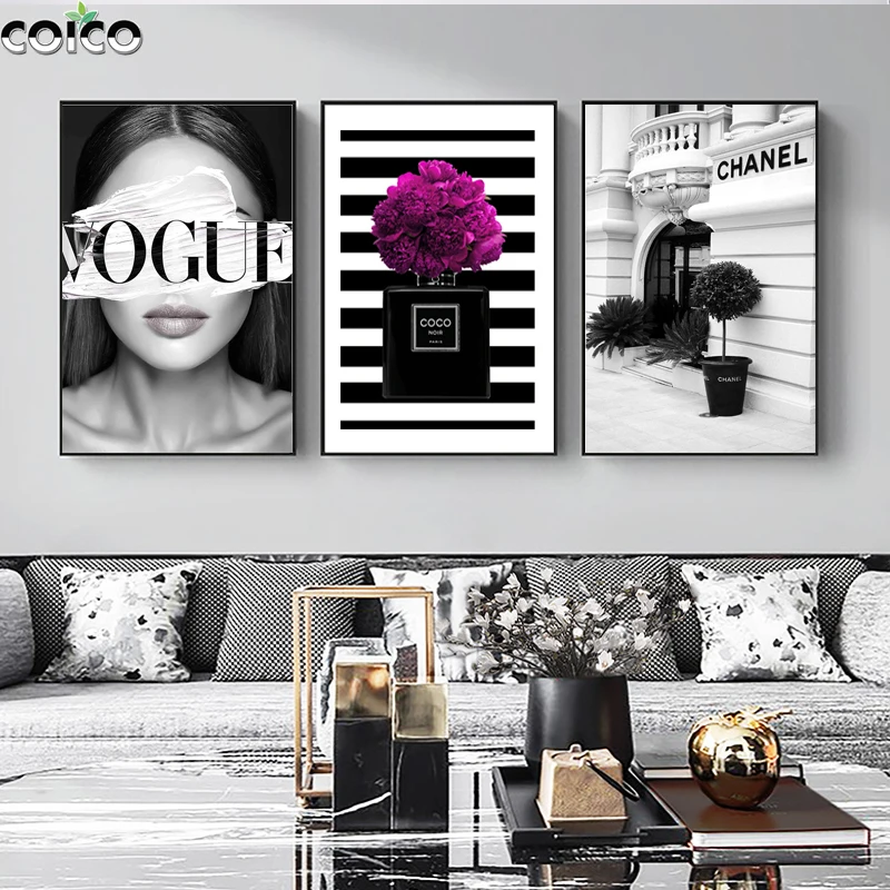 

Modern Black White Fashion Canvas Painting With Frame Home Decor Aesthetic Art Posters On The Wall Flowers Perfume Girl Picture