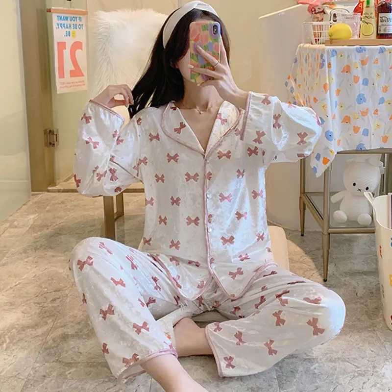 

Пижамы с бантиком с принтом, комплект для сна, ночная рубашка, велюровая Пижама, ночная рубашка, одежда для сна, женская домашняя одежда, инти...