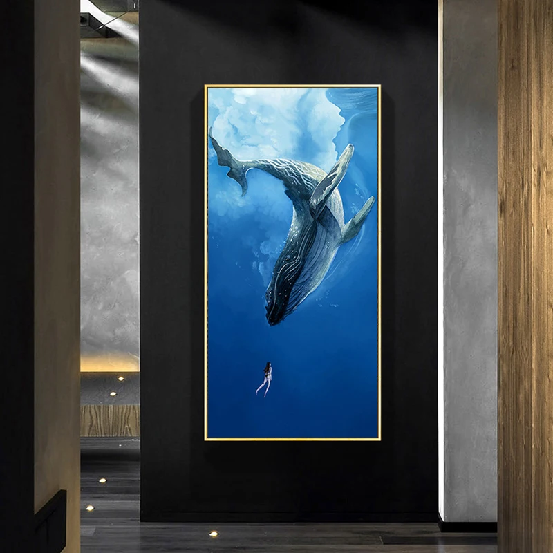 Абстрактная Современная Картина на холсте с изображением синего океана девочки