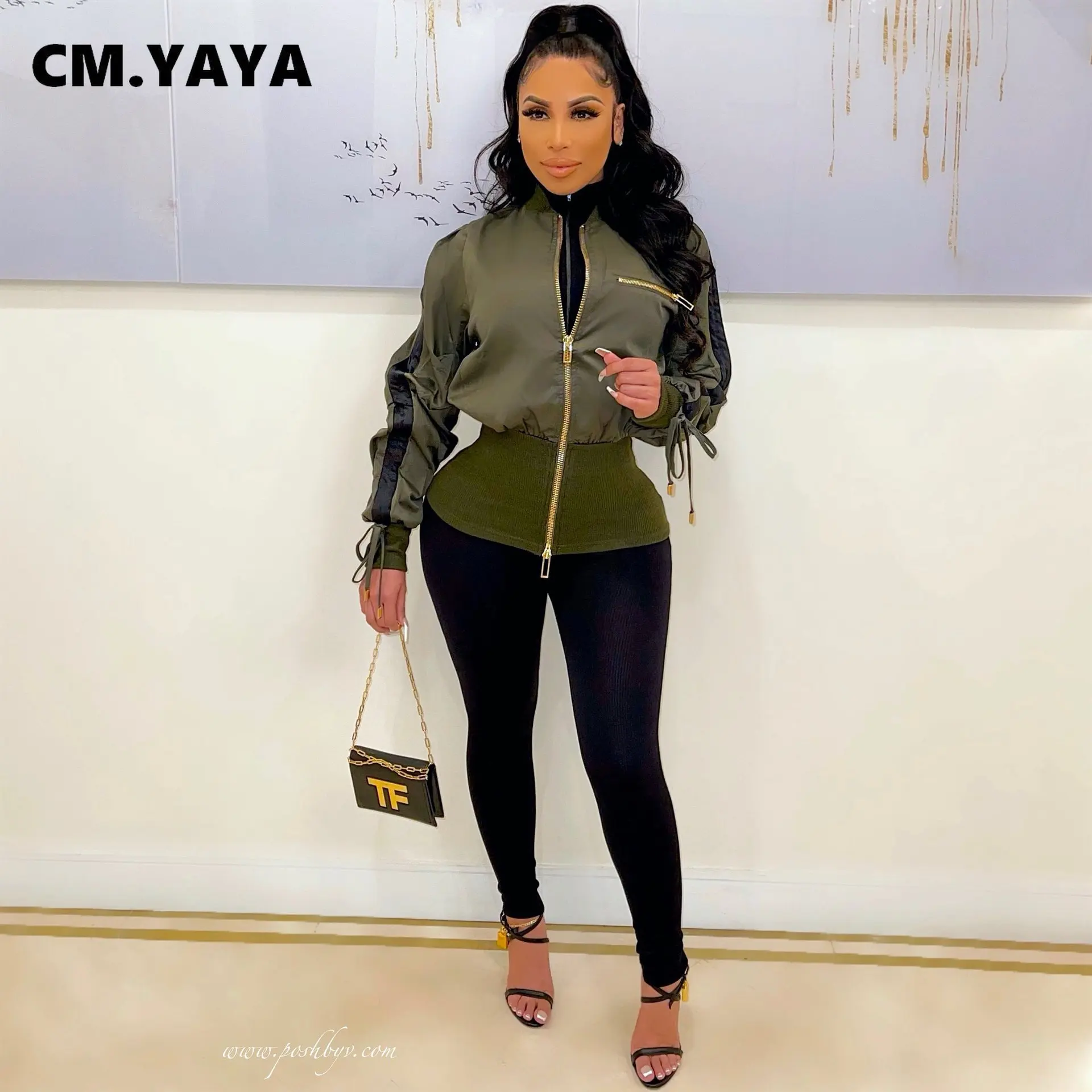 Женская куртка на молнии с длинным рукавом CM.YAYA элегантная уличная отложным