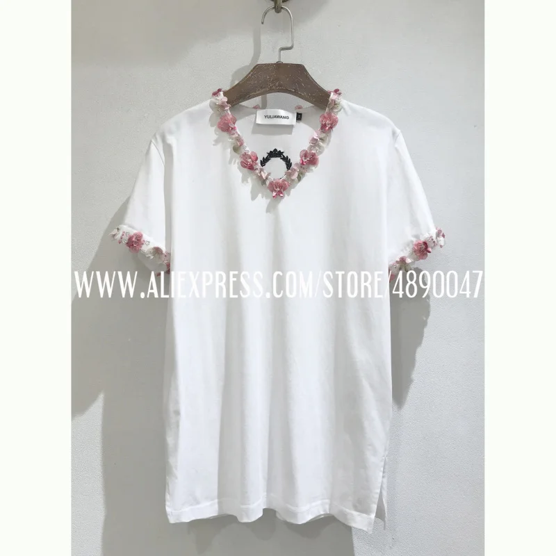 

Handmade petal flower beaded T-shirt women's high-quality fashion all-match top 2021 summer casual cotton short-sleeved T-shirt