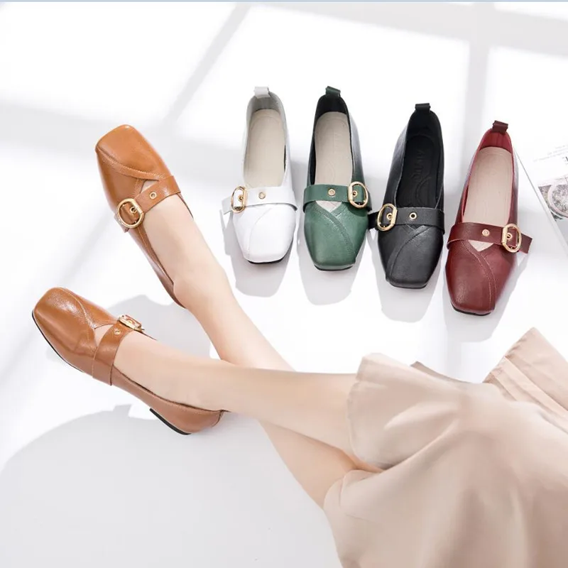 

Туфли женские с закрытым носком, повседневная однотонная универсальная обувь из воловьей кожи, удобные мягкие на плоской подошве, с квадрат...