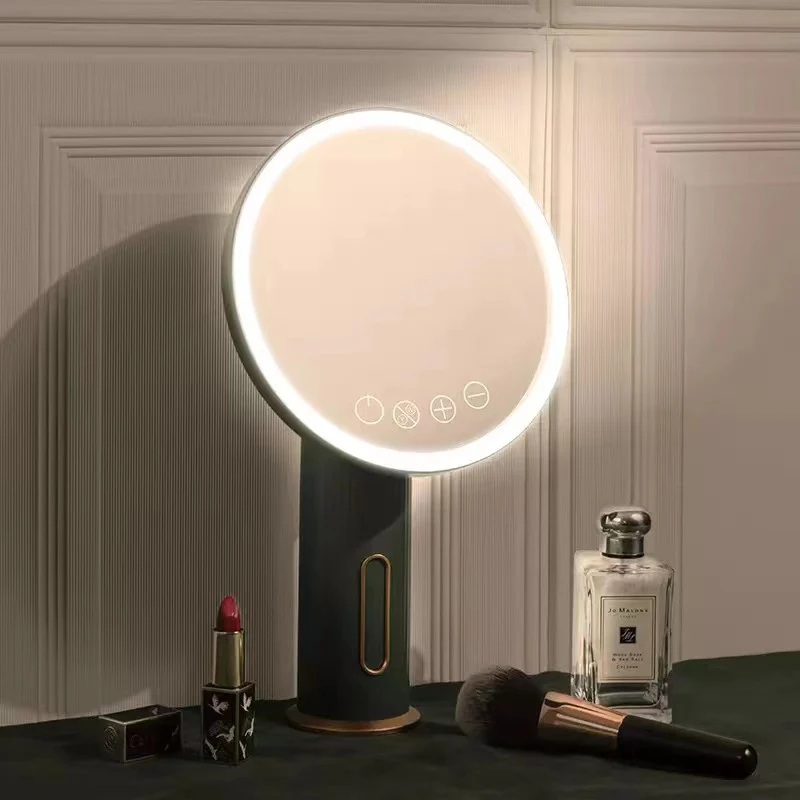

3 Color LED Makeup Mirror With Light Storage Makeup Lamp Desktop Rotating Vanity Mirror Round Shape Cosmetic Mirrors For Bedroom