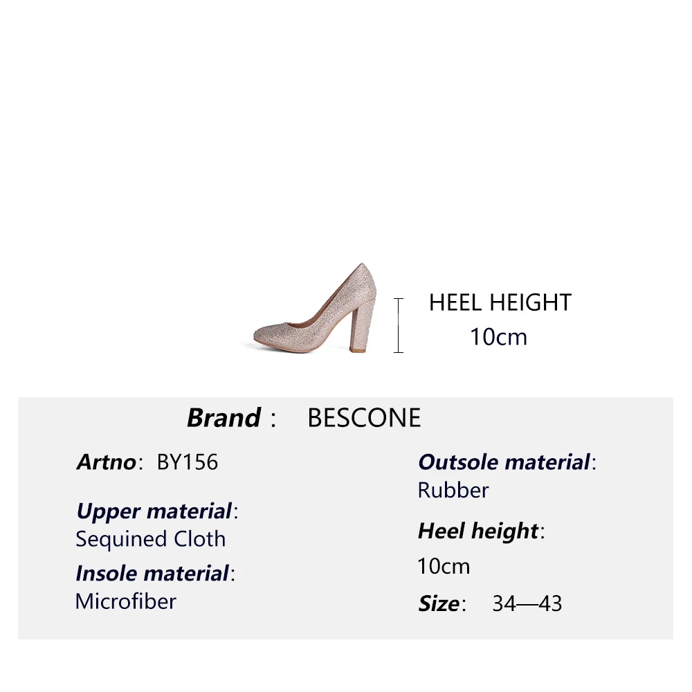 

BESCONE Ladies Pumps Fashion Rhinestone Slip-On 10 cm Super High Heel Shoes Sexy Pointed Toe Square Heel Dress Women Pumps BY156