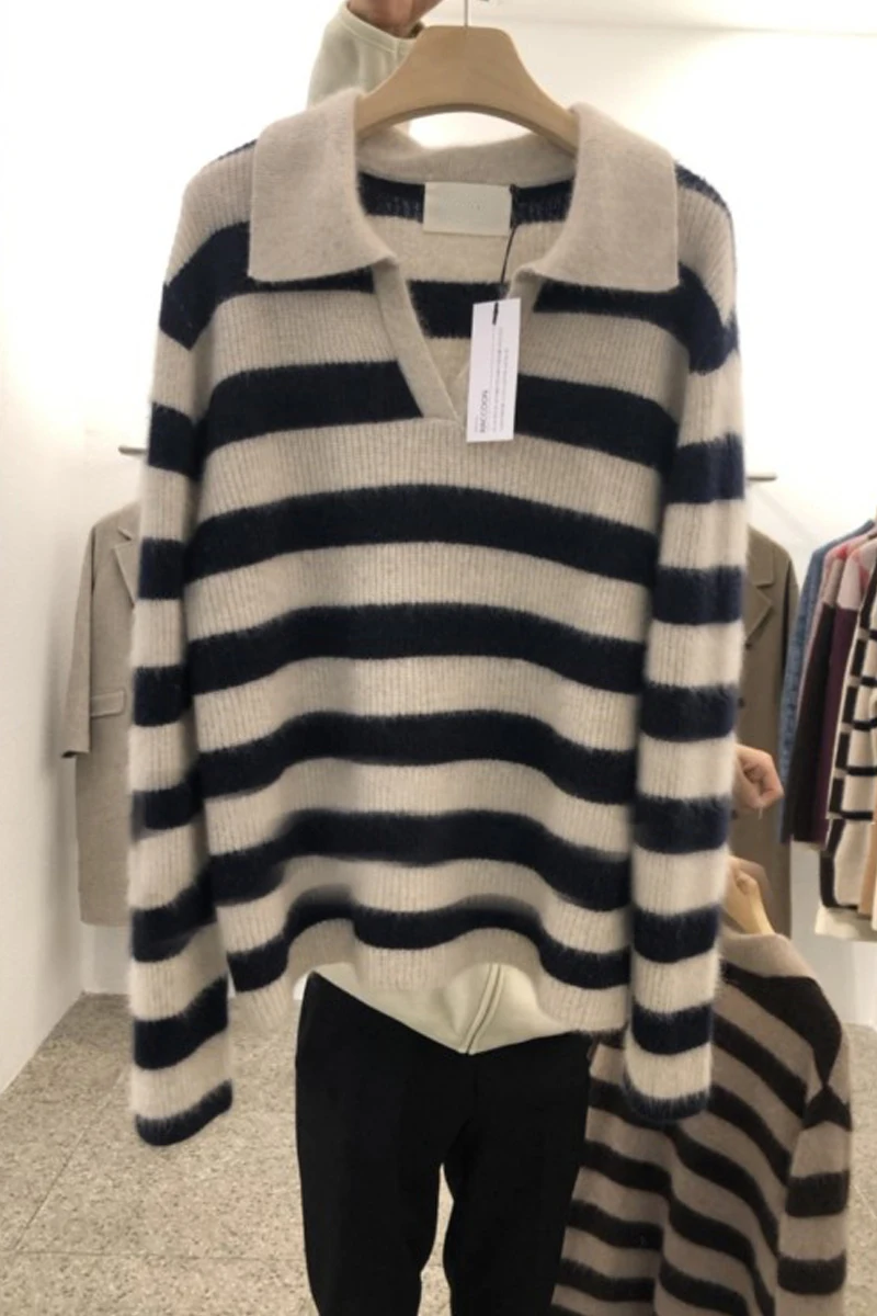 

Striped Loose V-neck Pullover Sweater for Woman Spring Autumn 2021 New Arrival Harajuku Kpop Korean Style Jersey Jumper