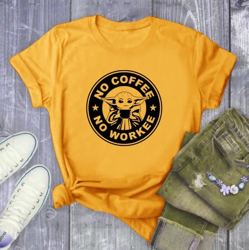 

Женская свободная футболка с коротким рукавом и круглым вырезом No Coffee No Workee, Повседневная летняя футболка 2020