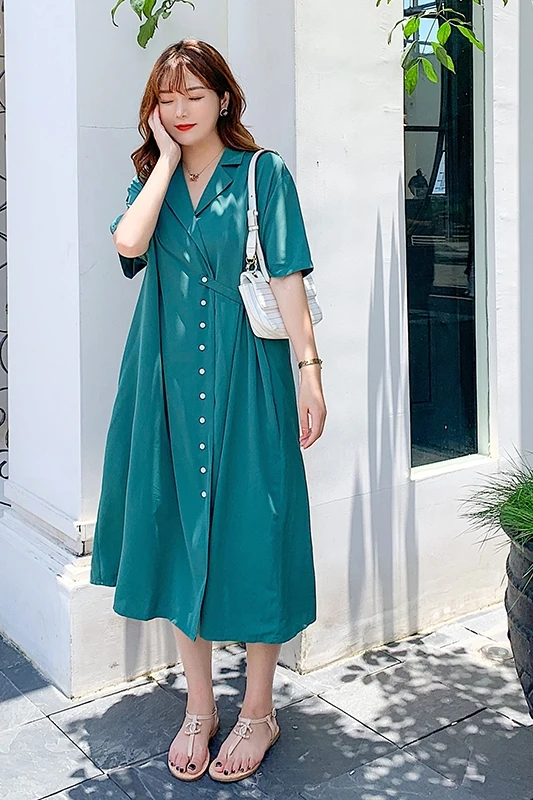 

COIGARSAM 3XL Plus Size Brief Women dress Notched Dresses Green Black 217