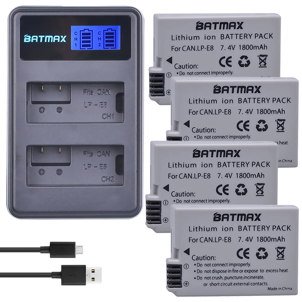 4Pcs set 2 шт. 1800 мА/ч, LP-E8 LPE8 LP E8 Батарея мА/ч. Аккумулятор AKKU емкостью+ ЖК-дисплей двойной Зарядное устройство для цифровой однообъективной зеркальной камеры Canon EOS 550D 600D 650D 700D X4 X5 X6i X7i T2i T3i - Цвет: 4Pcs set
