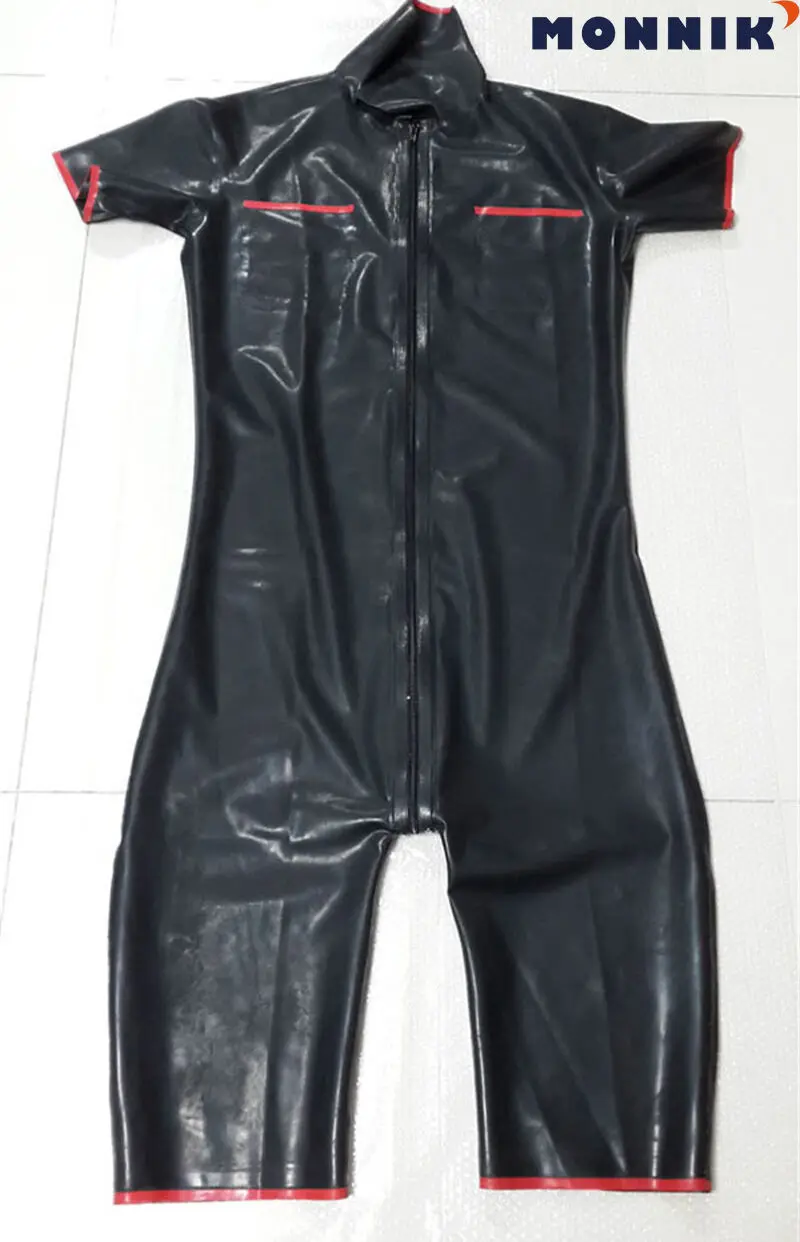 MONNIK latexBlack латексные мужские боди с коротким рукавом короткие штаны Клубная