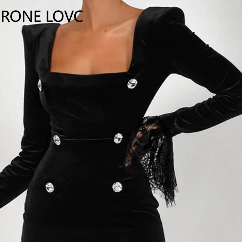 Women Solid Elegant Button Flannel Flare Sleeves Lace Hem Mini Working Black Blazer Dresses | Женская одежда