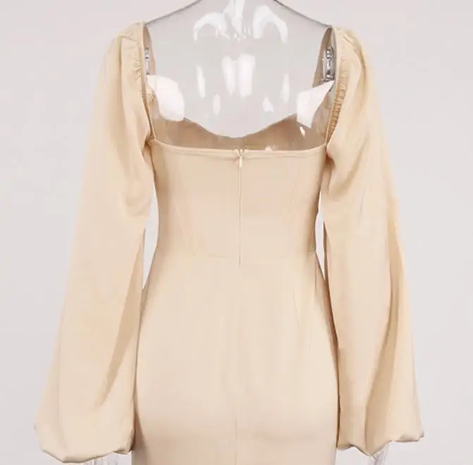 

Solid Sexy Long Lantern Sleeve Mini Dress Women Square Collar Backless Elegant Dresses Front Hasp Bodycon Vestidos 2021