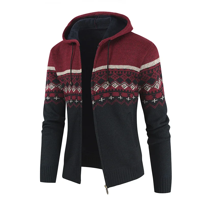 

Mens Sweater Coat Autumn Winter Thick Warm Hooded Zipper Jumpers Fleece Causal Long Sleeve Knitted Jacquard Cardigan Sweaters