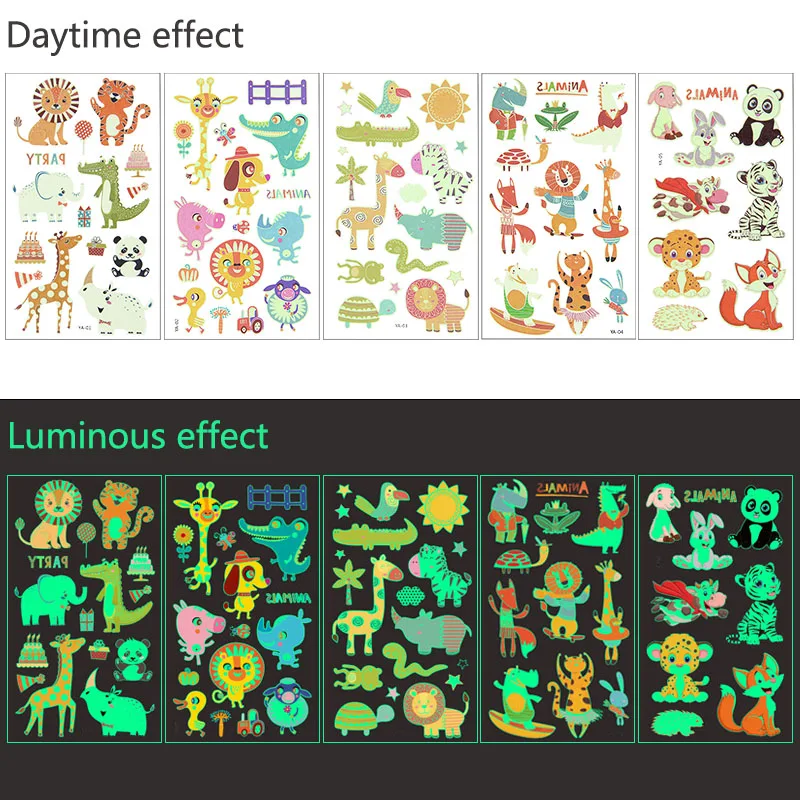 

10 Sheets Cartoon Animal Car Luminous Tattoo Sticker Dinosaur Mermaid Robot Safari Space Birthday Decoration Kids Party Supplies