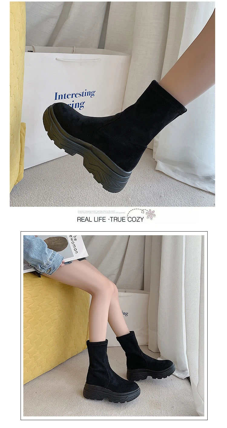 LMCAVASUN Platform Ankle Boots Shoes Woman Suede Equestrian Winter Thick Sole Lace-up Women Shoes Waterproof Martin Boot