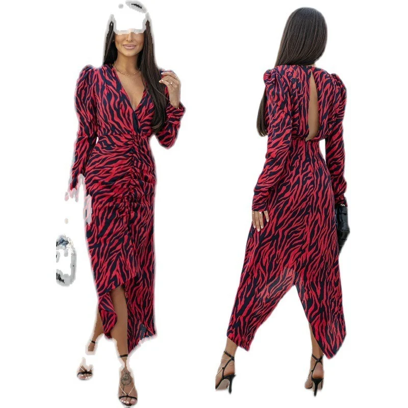 

2022 Spring and Autumn New Fashion V-neck Long Sleeve Backless Irregular Dress