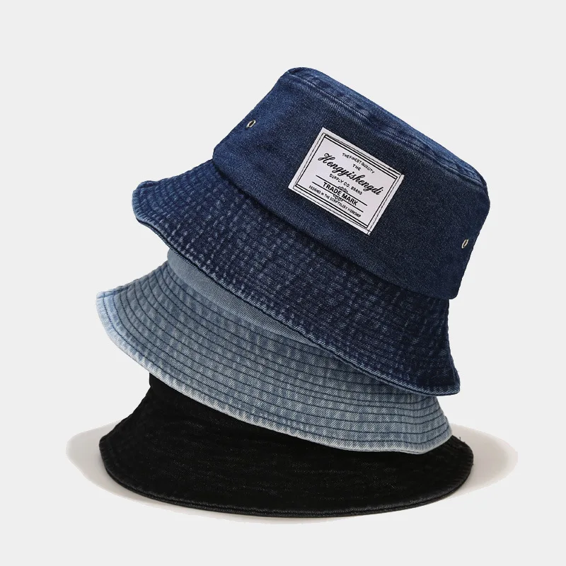 

New Hat women British style retro denim bucket hat made of old cloth label washed fisherman hat sunscreen sun hat men Panama