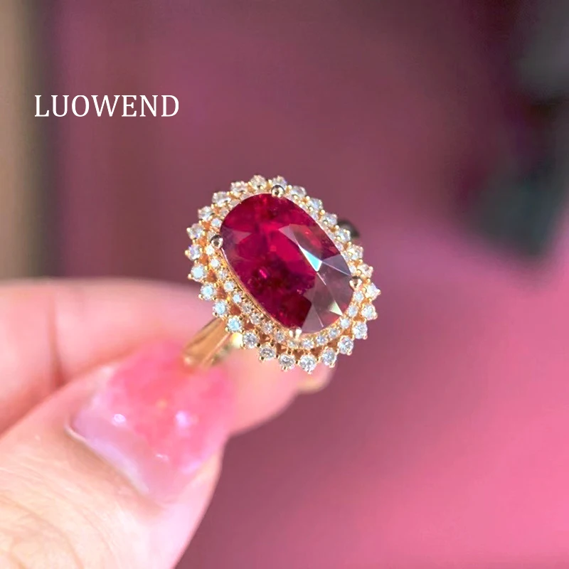 

LUOWEND 100% 18K Rose Gold Ring Eternity Tourmaline Bague Gemstone Halo Design Natural Diamond Ring for Women Wedding Party