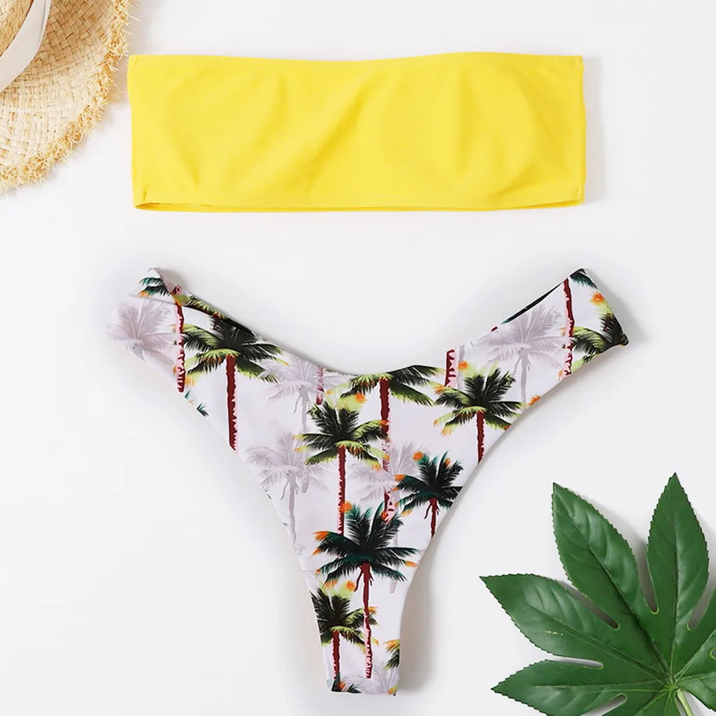 1 шт. топ труба с принтом листьев открытыми плечами мягкий бюстгальтер купальник