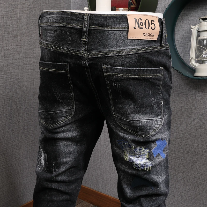 European American Street Fashion Men Jeans Elastic Slim Fit Ripped Jeans Men Embroidery Patch Designer Hip Hop Denim Punk Pants