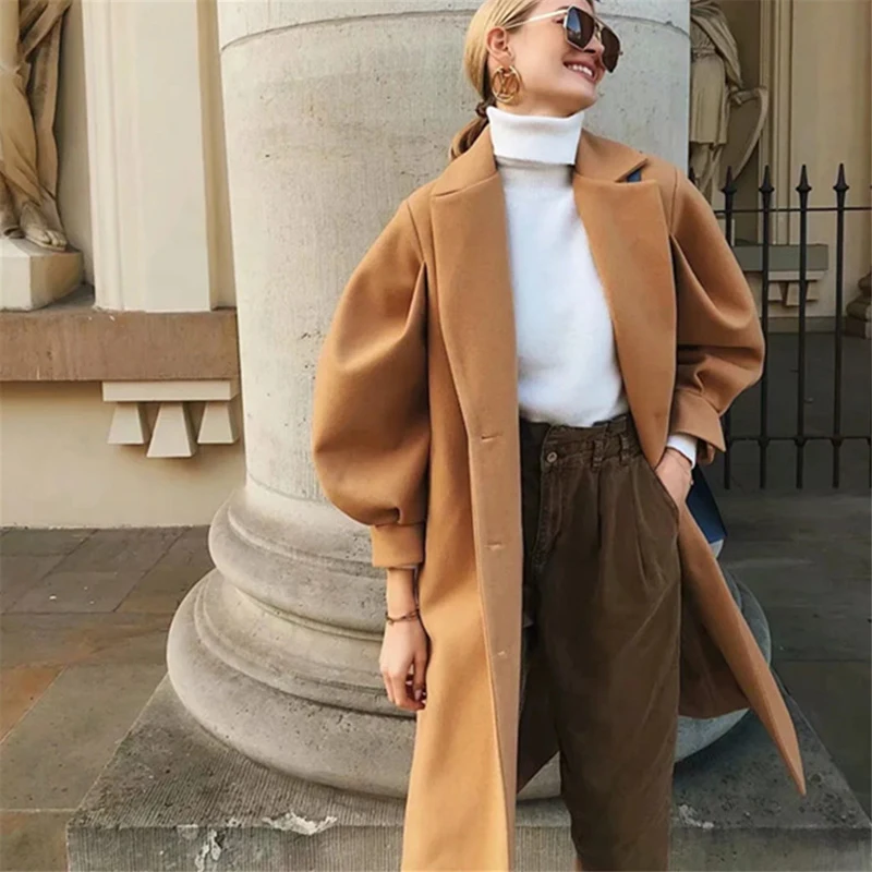 

New Autumn and Winter 2021 Pure Color Line with Wool Coat Retro Loose Suit Collar Women's Wool Coat Fashionable Commuting