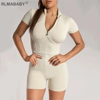 sexy skinny corset zipper women playsuit stand collar short sleeve spliced striped bodycon jumpsuit casual elastic lady playsuit