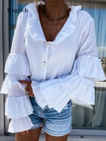 summer womens blouse shirt fashion retro cardigan single breasted ruffled long sleeved solid color blouse plus size blouse wome