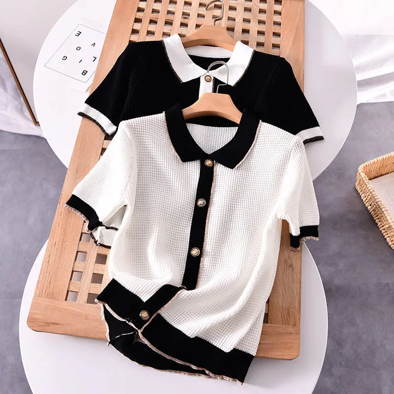 

Summer new bright silk short sleeve female ice silk contrast gold thread pullover sweater suit collar T shirt female